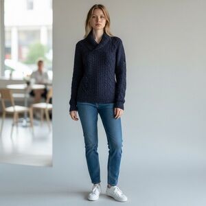 GAP Women’s Cabled Shawl Collar Button Sweater in Speckled Navy Size L